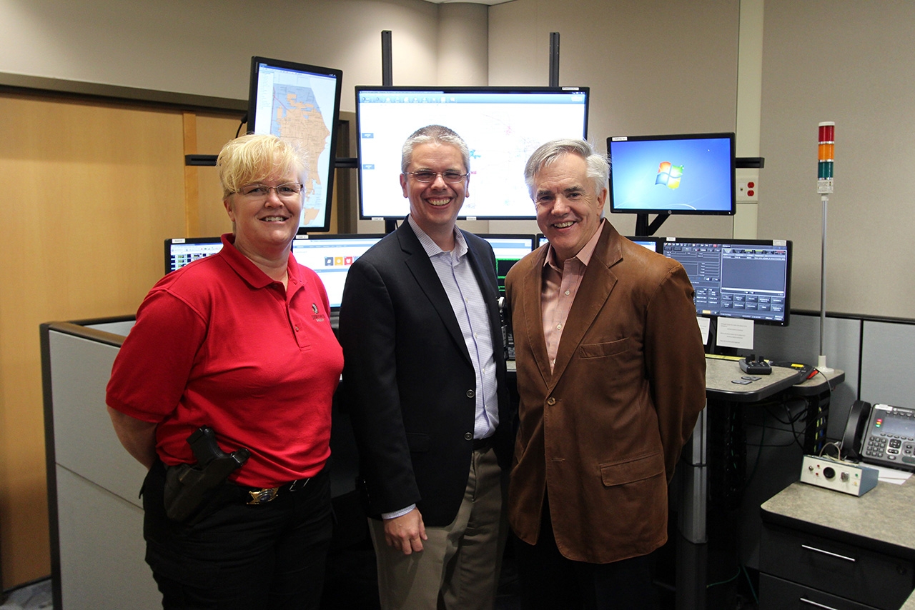 Lt. Kristy De Blaey, M.S., Sheboygan County Sheriff’s Office Communications Manager, Steven Zils, MD, emergency medicine physician with Aurora Health Care, and Ben Salzmann, Acuity President and CEO, in the Sheboygan County, WI, 911 Communications Center.